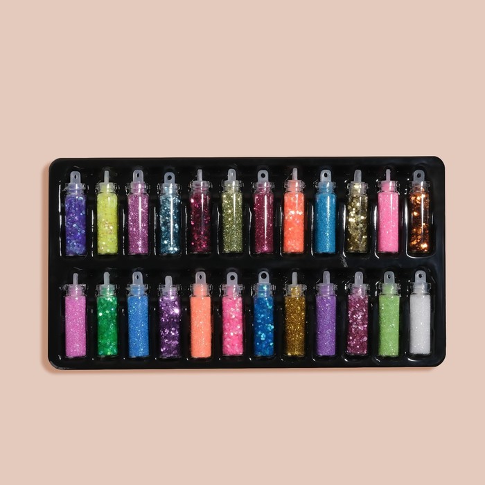 Ассорти для декора, в пластиковом органайзере, набор 24 бутылочки, разноцветные - фото 1898273238