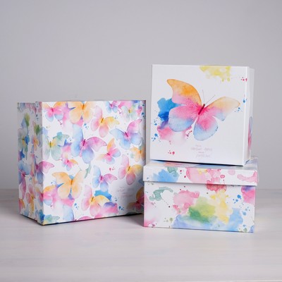 Набор коробок 3 в 1, упаковка подарочная, «Акварельные бабочки», 18 х 18 х 10 - 22 х 22 х 12 см