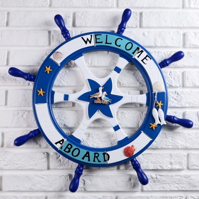 Декор настенный, панно «Штурвал. Добро пожаловать на борт», синий, 62 см