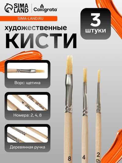 Набор кистей для рисования, щетина, 3 штуки: №2 (круглая), № 4.8 (плоские), Calligrata, круглая, плоские, деревянная ручка, в пакете