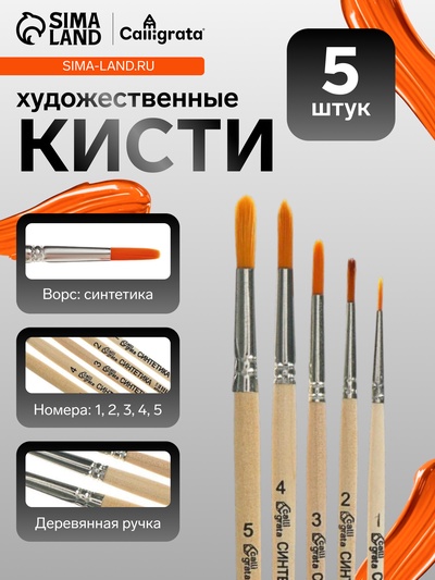 Набор кистей для рисования, синтетика, 5 штук: №: 1, 2, 3, 4, 5, Calligrata, круглые, деревянная ручка