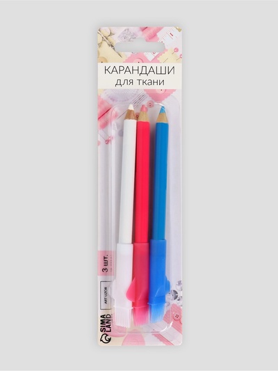 Карандаш для ткани с щёткой, 3 шт., белый, розовый, синий