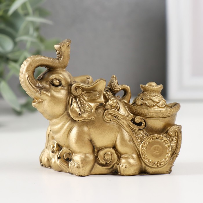 Нэцке полистоун под бронзу "Слон с тележкой золота" 7х4х8,5 см - Фото 1