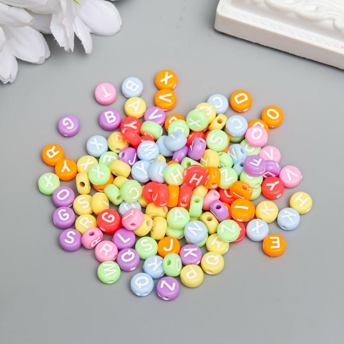 Бусины для творчества пластик "Яркие кружочки с буквами" набор 20 гр 0,4х0,7х0,7 см - Фото 1