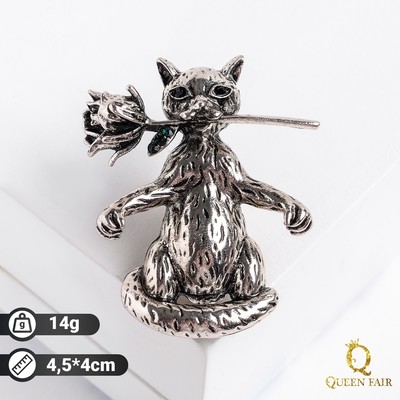 Брошь «Кот» с розой, цвет чернёное серебро