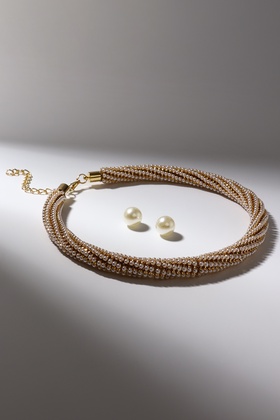 Набор 2 предмета: серьги, колье с жемчугом "Жизель" плотная нить, цвет бело-золотой