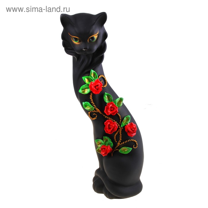 Фигура "Кошка Маркиза" средняя с китайскими розочками чёрная 14х14х40см - Фото 1