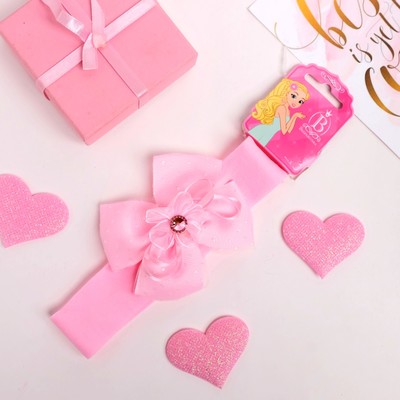 Повязка для волос "Сияние" 3*17 см, бант с цветочком, розовый