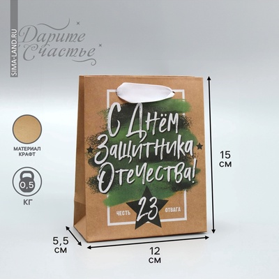 Пакет подарочный крафтовый, упаковка, «С 23 февраля», 12×15×5.5 см