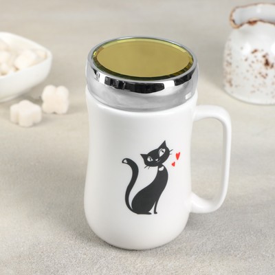 Кружка с зеркальной крышкой Доляна «Мурлыкалка», 450 мл 9,8×7,8×14,2 см