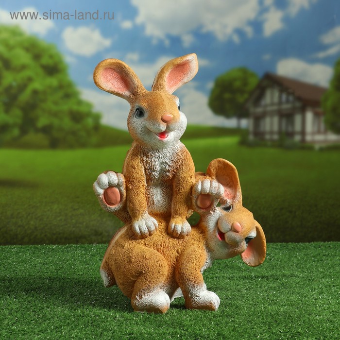 Садовая фигура "Заяцы прыгуны" 37см рыжие - Фото 1