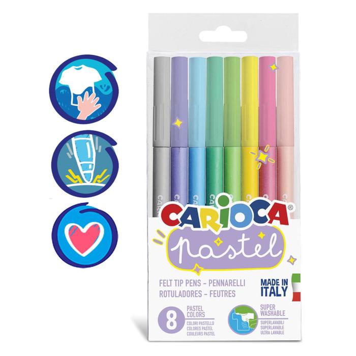 Фломастеры 8 цветов Carioca Pastel, 1,0-4,7 мм, пастельная палитра, смываемые, ПВХ, европодвес - Фото 1
