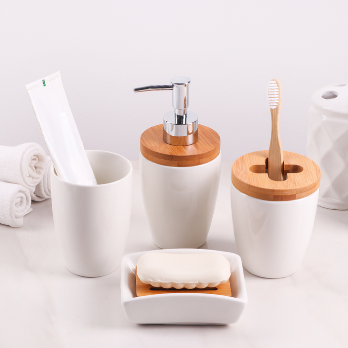 Набор аксессуаров для ванной комнаты «Бамбук», 4 предмета (мыльница, дозатор,два стакана) - фото 1905625111