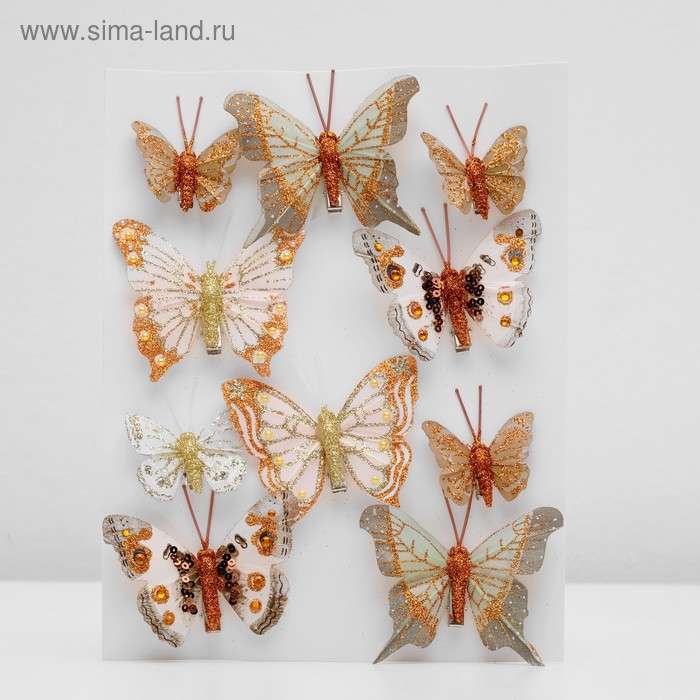 Бабочка для декора и флористики, на прищепке, пластиковая, микс, 1 шт., 5 см и 8 см - Фото 1