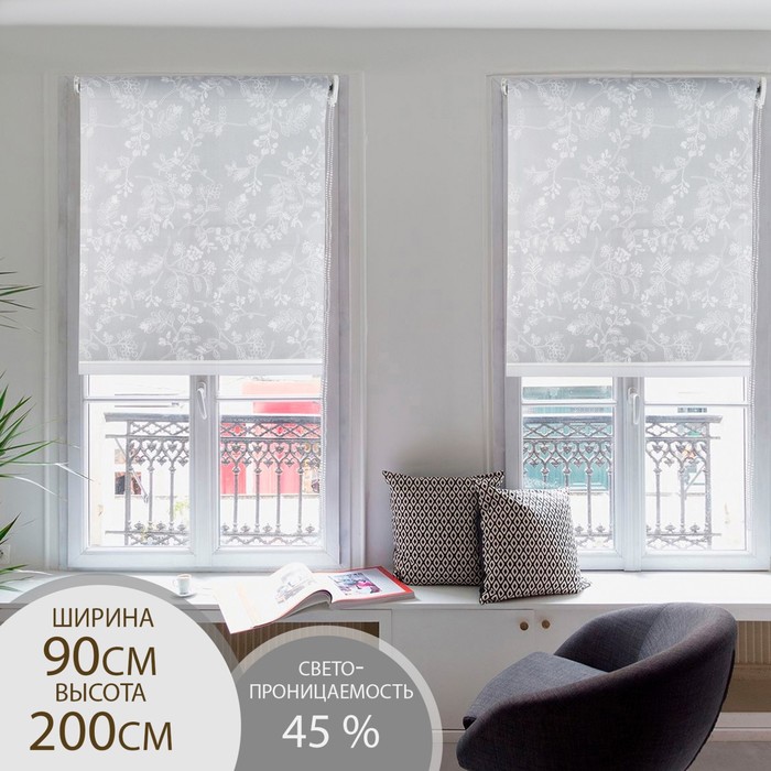 Штора рулонная «Цветенье», 90×200 см (с учётом креплений 3,5 см), цвет серый - Фото 1