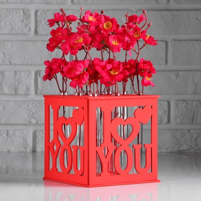 Кашпо деревянное 15×15×15 см с 9 колбами "I love you heart", красный Дарим Красиво