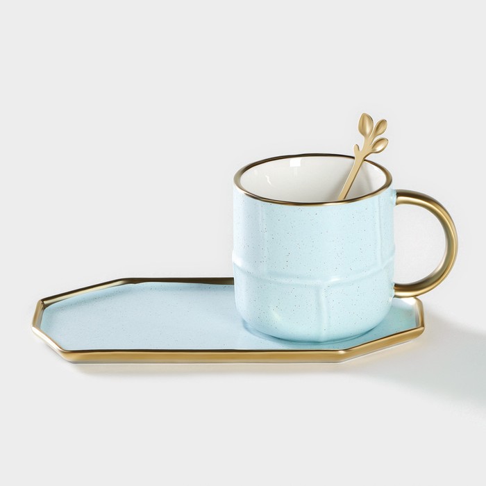 Чайная пара керамическая с ложкой «Весна», 2 предмета: кружка 300 мл, блюдце, цвет голубой - Фото 1