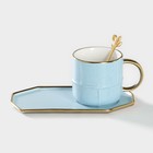 Чайная пара керамическая с ложкой «Весна», 2 предмета: кружка 300 мл, блюдце, цвет голубой - Фото 8
