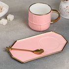 Чайная пара керамическая с ложкой «Весна», 2 предмета: кружка 300 мл, блюдце, цвет розовый - Фото 2