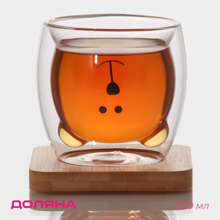 Стакан с двойными стенками Доляна «Вверх дном», 250 мл, 9×9 см, на деревянной подставке, стекло, прозрачный - Фото 1