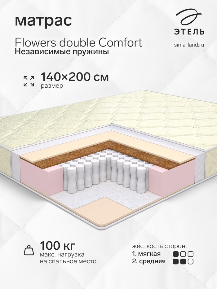 Матрас «Этель. Flowers double Comfort Независимые пружины», размер 1400×2000 мм, высота 180 мм, трикотаж - Фото 1