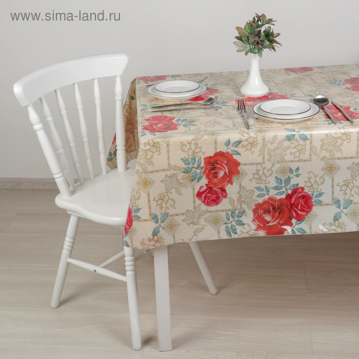Клеёнка на стол ПВХ «Розы на плитке», ширина 137 см, толщина 0,11 мм, рулон 30 метров - Фото 1