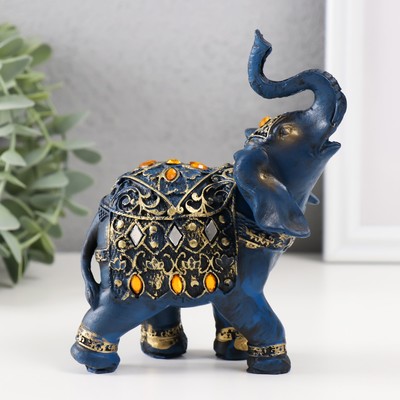 Сувенир полистоун "Синий слон в попоне с золотым узором и зеркалами" 14х7х11 см