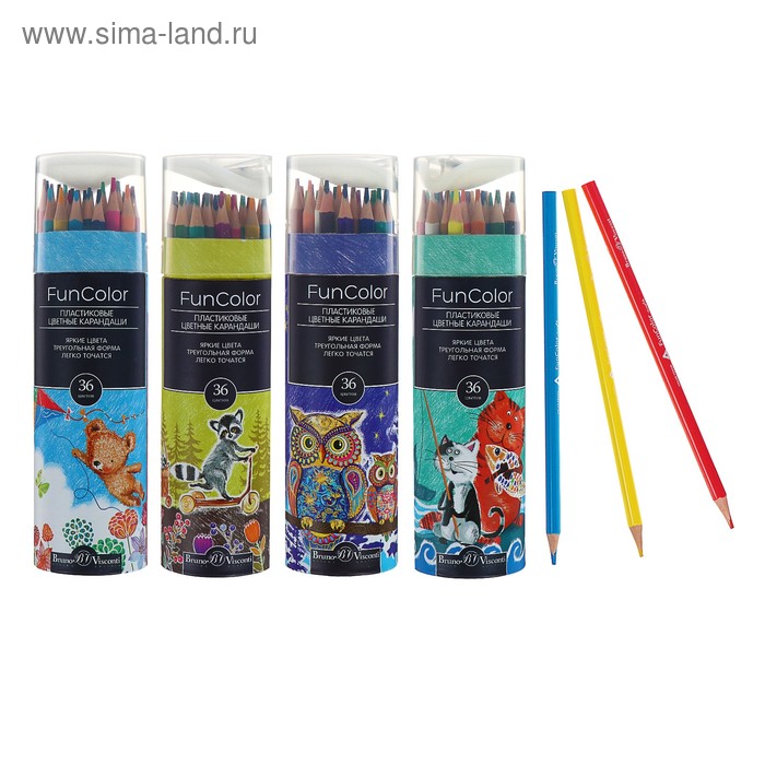 Карандаши цветные 36 цветов Funcolor пластиковые, в картонной тубе, МИКС - Фото 1
