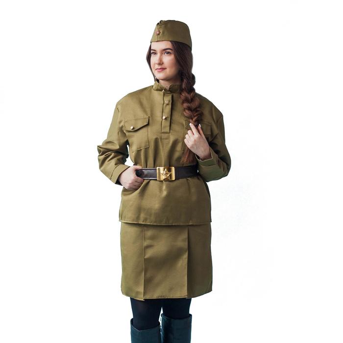 Карнавальный костюм «Солдаточка», пилотка, гимнастёрка, ремень, юбка, р. 40-42 - Фото 1