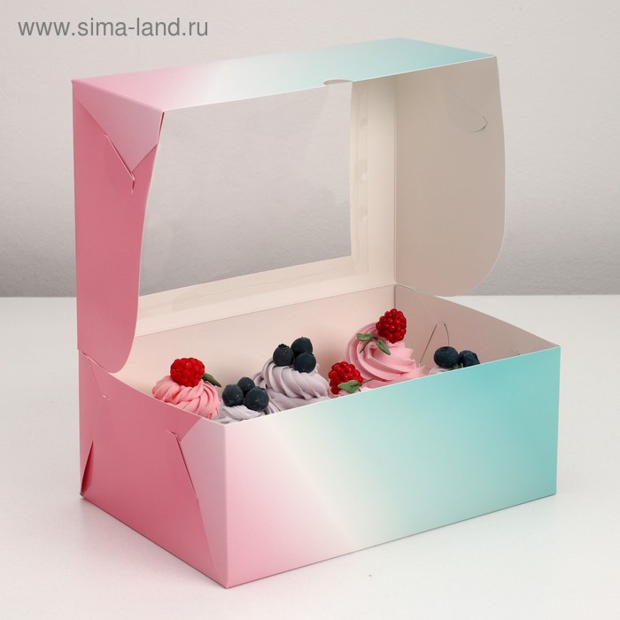 Упаковка на 6 капкейков с окном "Градиент", розово - зелёный, 25 х 17 х 10 см - Фото 1