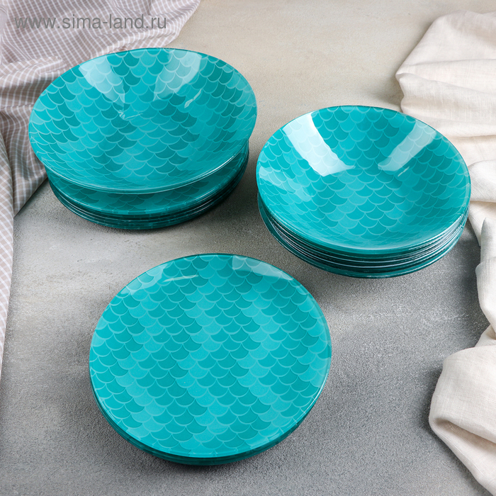 Набор тарелок стеклянных Доляна «Сирена», 19 предметов: 6 десертных тарелок, 6 обеденных тарелок, 6 мисок, салатник - Фото 1