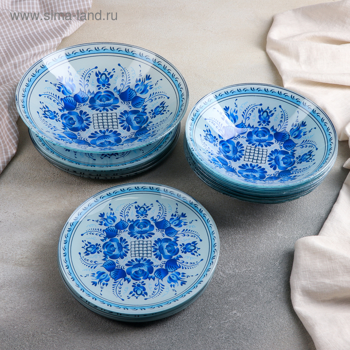 Набор тарелок стеклянных «Синева», 19 предметов: 6 десертных тарелок, 6 обеденных тарелок, 6 мисок, салатник - Фото 1