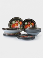 Тарелки Доляна «Народные мотивы», 19 предметов: 6 десертных тарелок, 6 обеденных тарелок, 6 мисок, салатник, стекло, чёрные - Фото 2