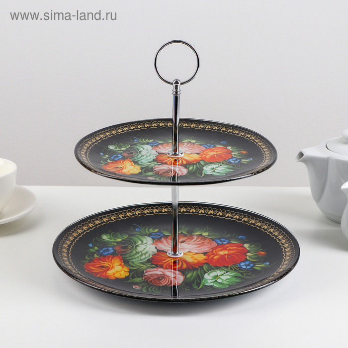 Этажерка - фруктовница круглая Доляна «Народные мотивы», 2 яруса, d=25/20 см, стекло, чёрная - Фото 1