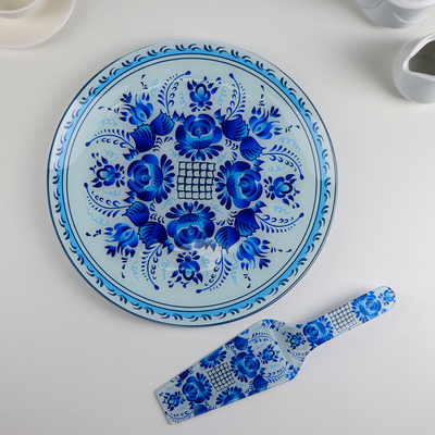 Тортовница стеклянная с лопаткой Доляна «Синева», d=30 см, лопатка 26.5×7 см