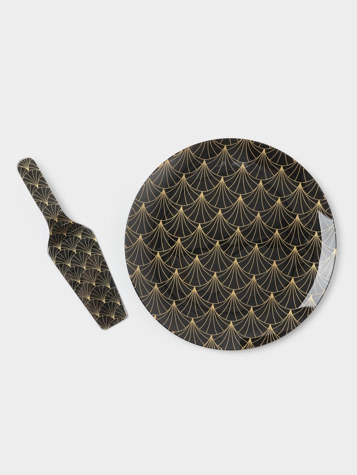 Тортовница с лопаткой Доляна «Золотое перо», d=30 см, лопатка 26.5×7 см, стекло, чёрная - Фото 1