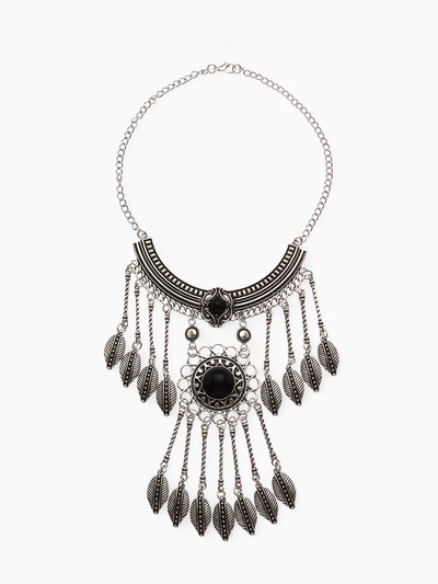 Колье «Ажурные перья» круг, чёрное в чернённом серебре, 35 см