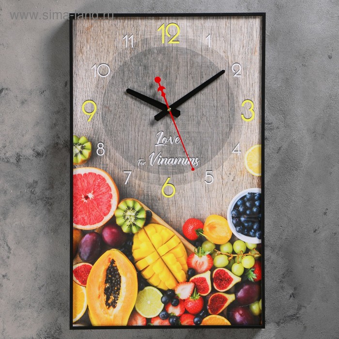 Часы-картина настенные, для кухни, Тропические фрукты, плавный ход, 57 х 35 х 4 см