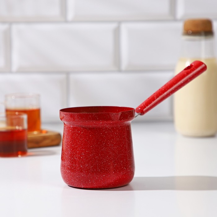 Турка Доляна «Мрамор рэд», 400 мл, d=8 см, пластиковая ручка, антипригарное покрытие, индукция, красная - Фото 1