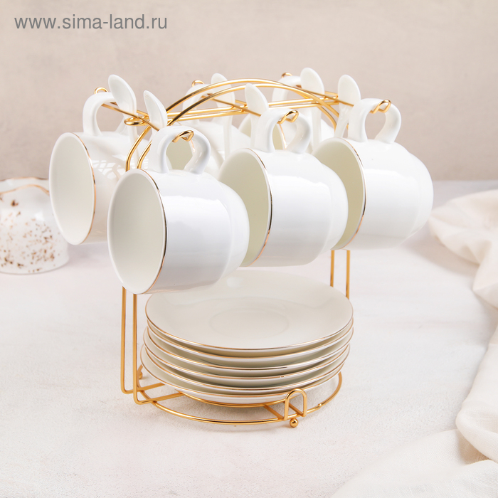 Сервиз чайный керамический на металлической подставке «Бланш», 19 предметов: 6 чашек 170 мл, 6 блюдец 13,5 см, 6 ложек, цвет белый - Фото 1
