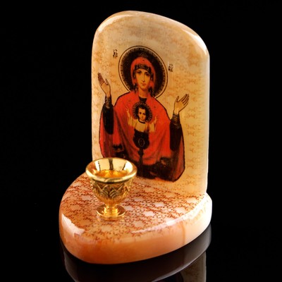 Икона настольная «Неупиваемая чаша», с подсвечником на 1 свечу, селенит