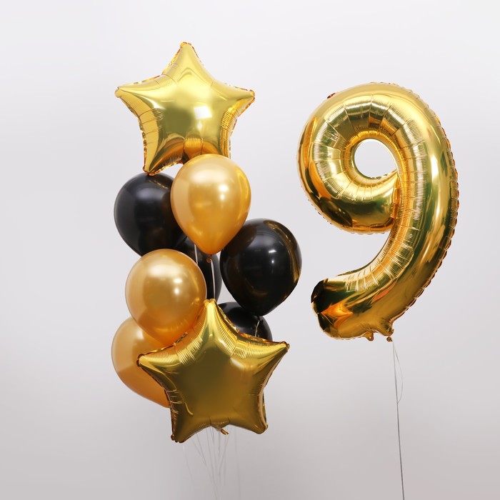 Букет из шаров «День рождения. 9 лет», набор 10 шт. + грузик, чёрно-золотой - фото 1908534706