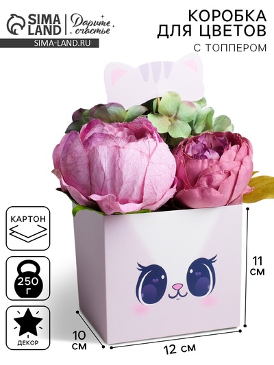 Коробка для цветов с топпером «Котик», 11×12×10 см
