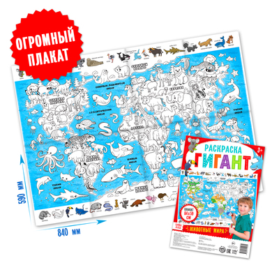 Раскраска - плакат обучающая «Животные мира», 59×84 см