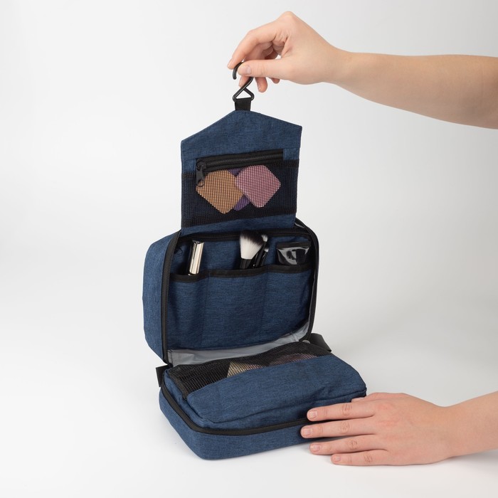 Косметичка, 2 отдела на молниях, с крючком, цвет синий 19341