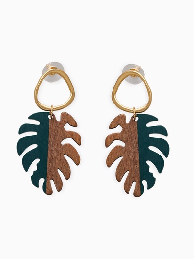 Серьги из дерева «Ваканда» монстера, цвет зелёно-коричневый в золоте