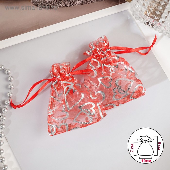 Мешочек подарочный «Сердечки» крупные, 7×9, цвет красный с серебром - Фото 1