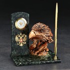 Письменный набор "Орёл", с часами и ручкой, 10х15х15 см, змеевик, гипс - фото 8946926