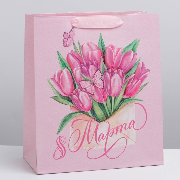 Пакет подарочный ламинированный вертикальный, упаковка, «Тюльпаны 8 марта», ML 23 х 27 х 11,5 см - Фото 1
