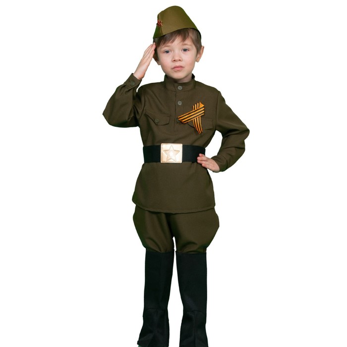 Карнавальный костюм «Солдатик», гимнастёрка, ремень, галифе, сапоги, пилотка, рост 134-140 см